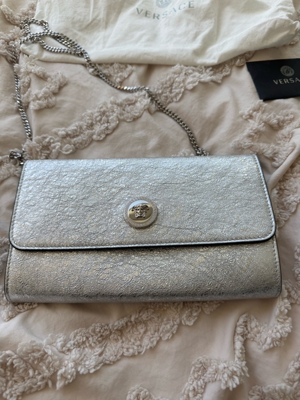 Versace Silver Metallic Chain Envelope Clutch - Picture 3 of 10